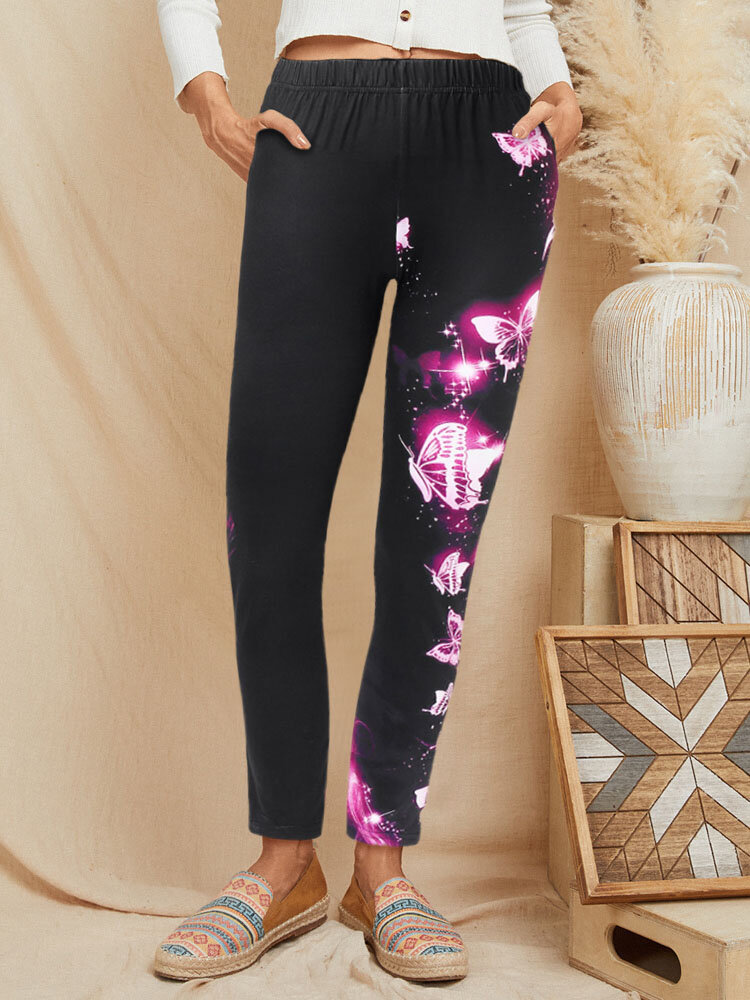 Butterfly Print Elastic Waist Casual Yoga Cropped Pants