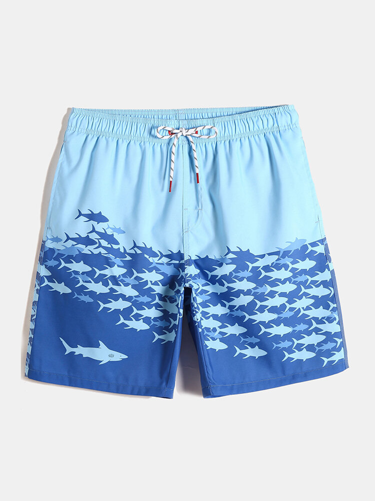 Blue Shark Printed Drawstring Lightweight Mesh-Lined Beach Board Shorts With Magic Straps Pocket