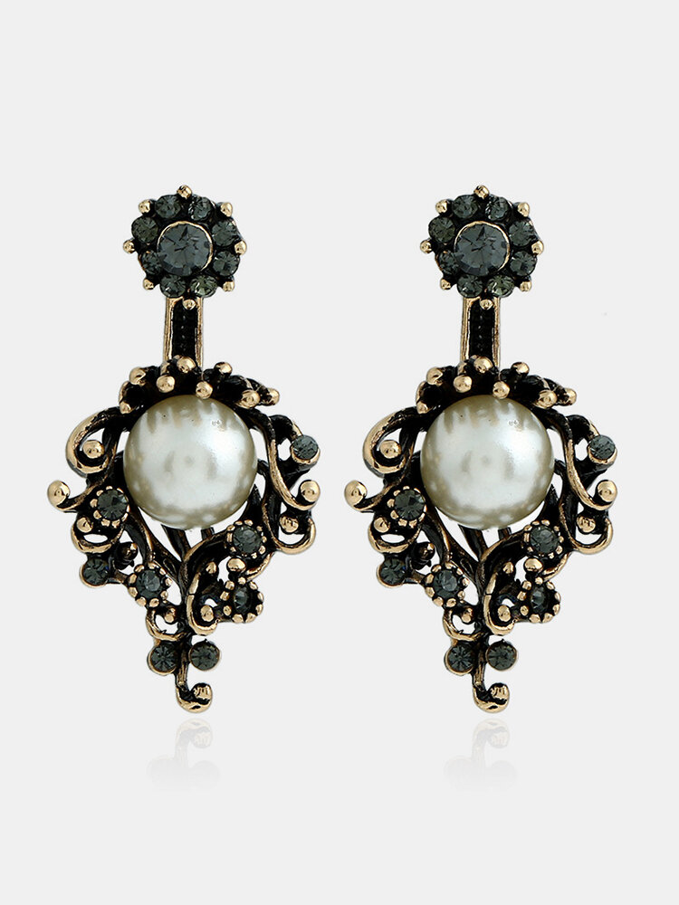 Vintage Metal Pearl Stud Earrings Geometric Flower Rhinestone Ear Drop Trendy Jewelry