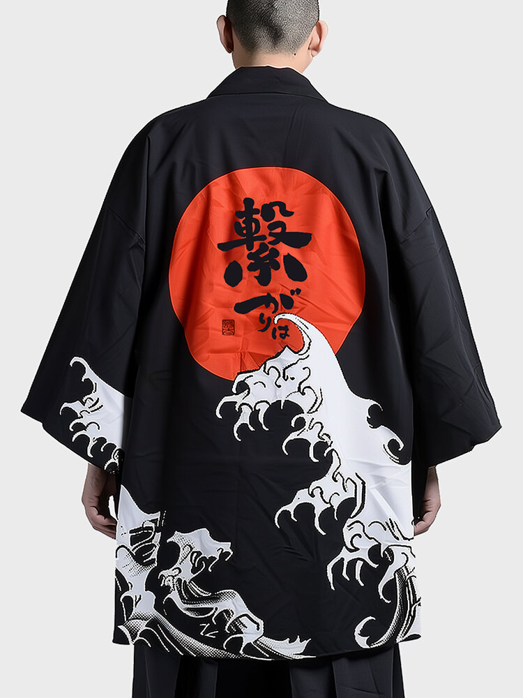 

Mens Japanese Wave Back Print Loose 3/4 Sleeve Kimono, Black