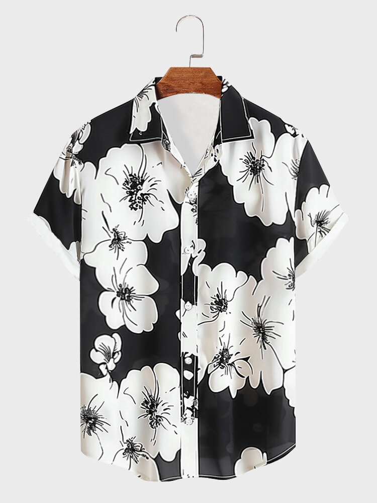 Mens Monochrome Floral Print Lapel Short Sleeve Shirts