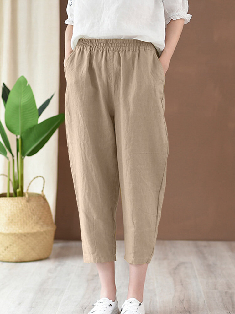 Solid Elastic Waist Pocket Haren Pants For Women