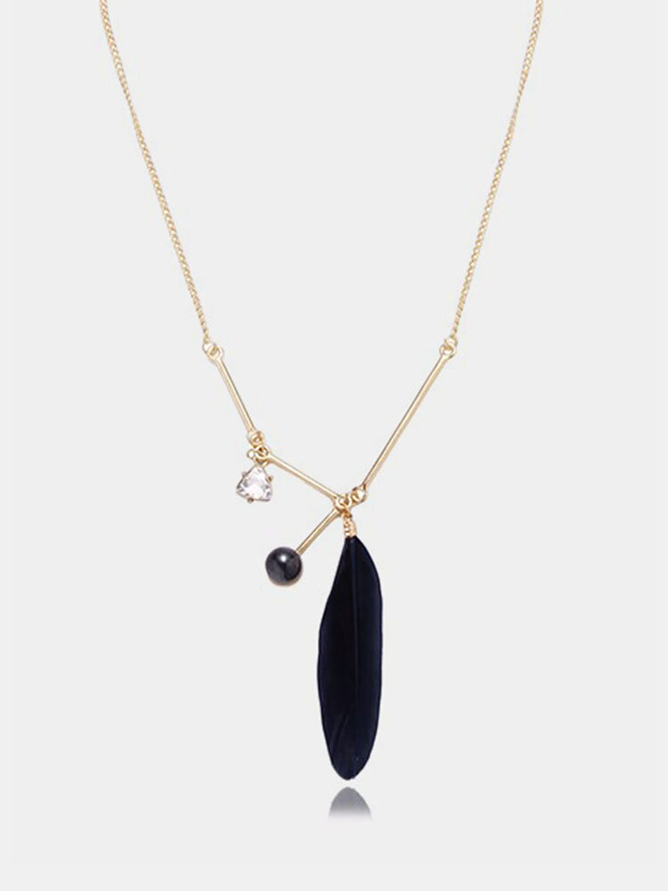 Balancing Style Simple Alloy Black Pearl Rhinestone Feather Necklace