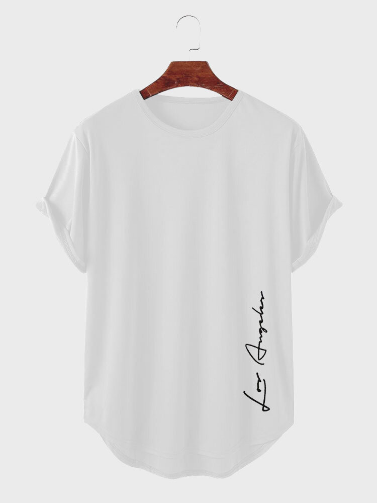 Camisetas de manga corta con dobladillo curvado y estampado de letras para hombre Cuello