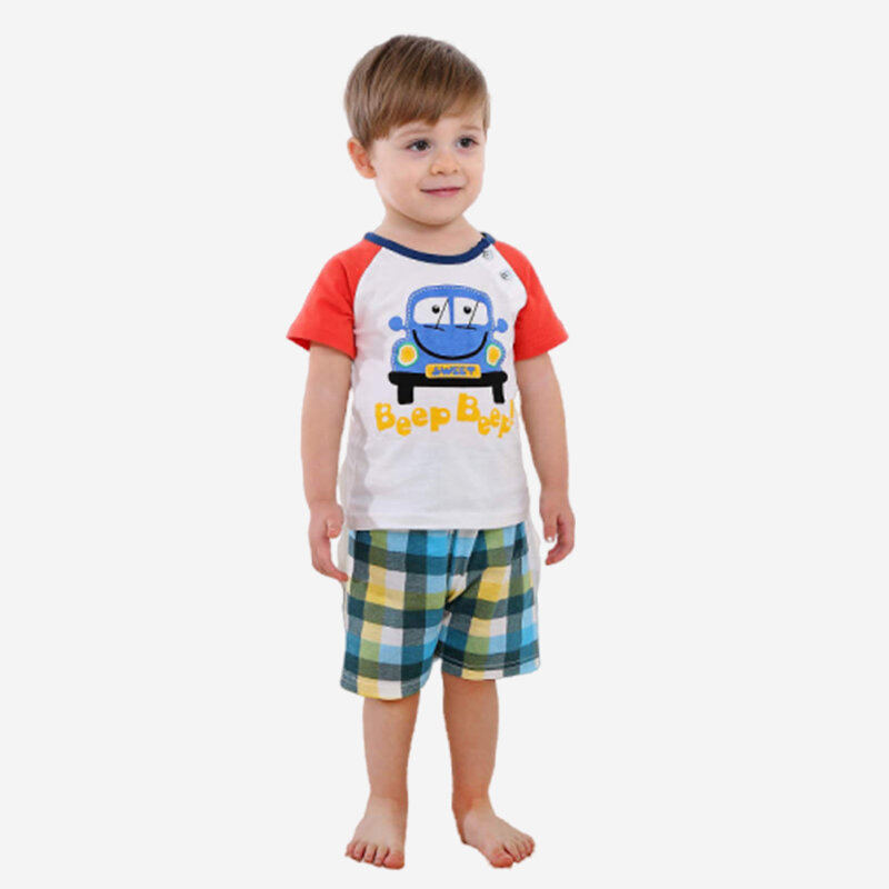 Boy's Car Plaid Print Short-sleeved Soft Pajama Clothing Set For 1-5Y