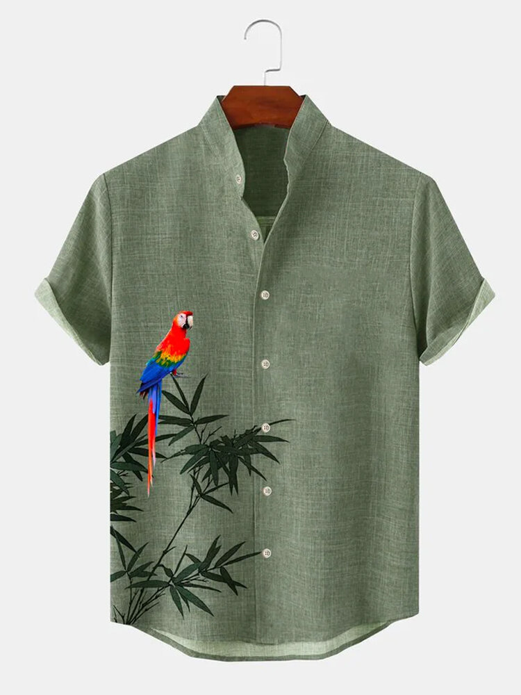Mens Parrot Bamboo Print Stand Collar Hawaiian Vacation Shirts
