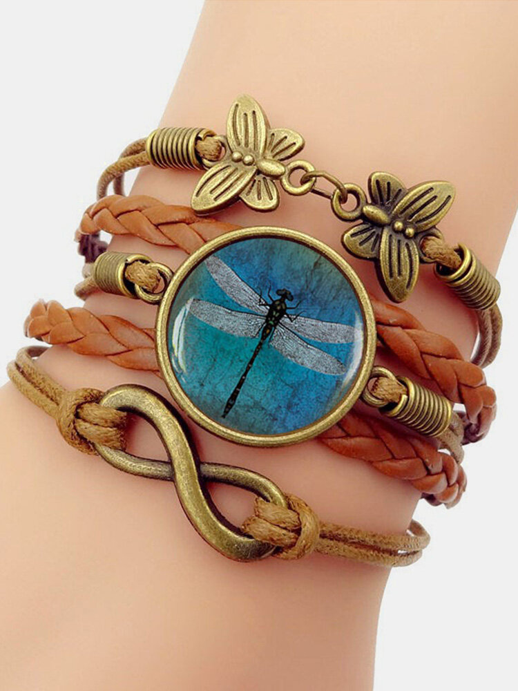 Retro Amber Blue Dragonfly Braided Bracelet Time Gemstone Infinite Symbol Printed Leather Bracelet