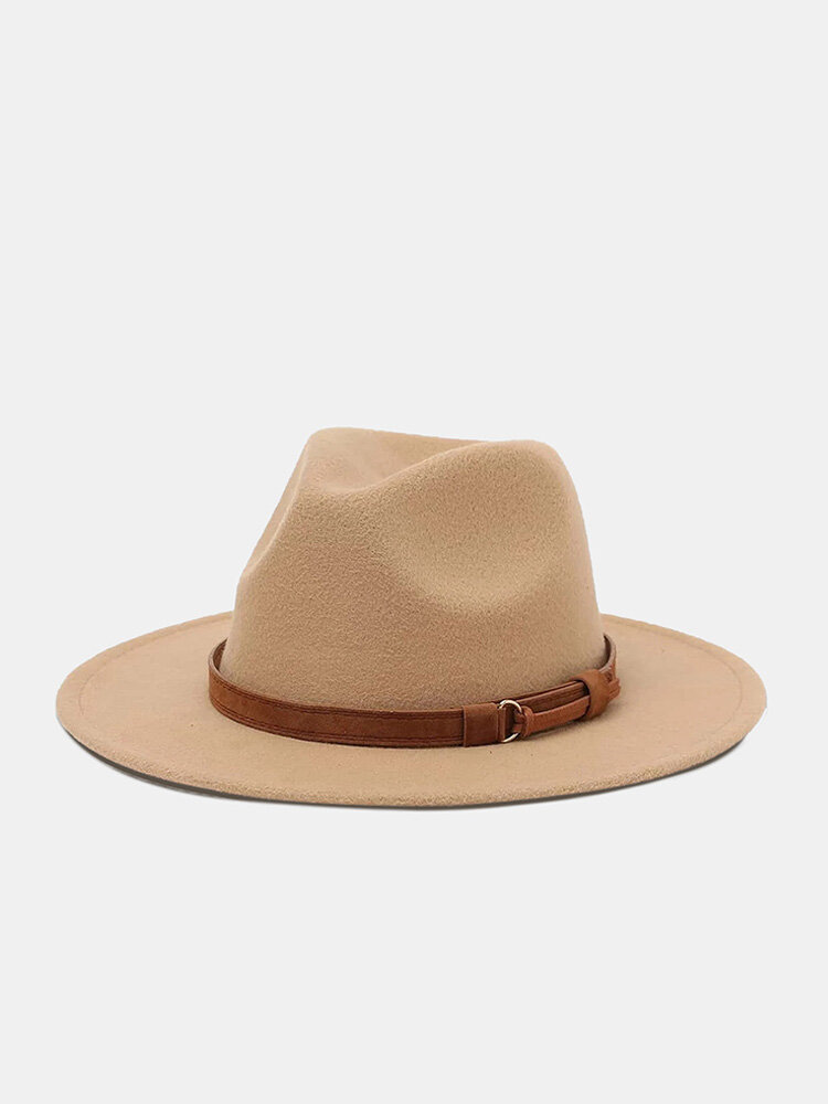 Unisex Dacron Solid Color Coffee Strap Decoration Wide Brim Sunshade All-match Top Hat Fedora Hat