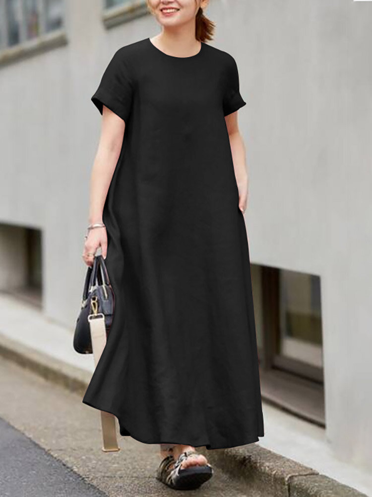 Solid Pocket Round Neck Short Sleeve Casual Cotton Maxi Dress