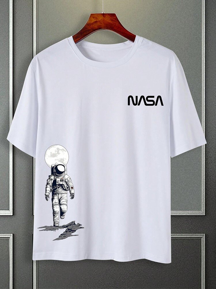 Mens Moon Astronaut Print Crew Neck Short Sleeve T-Shirts Winter