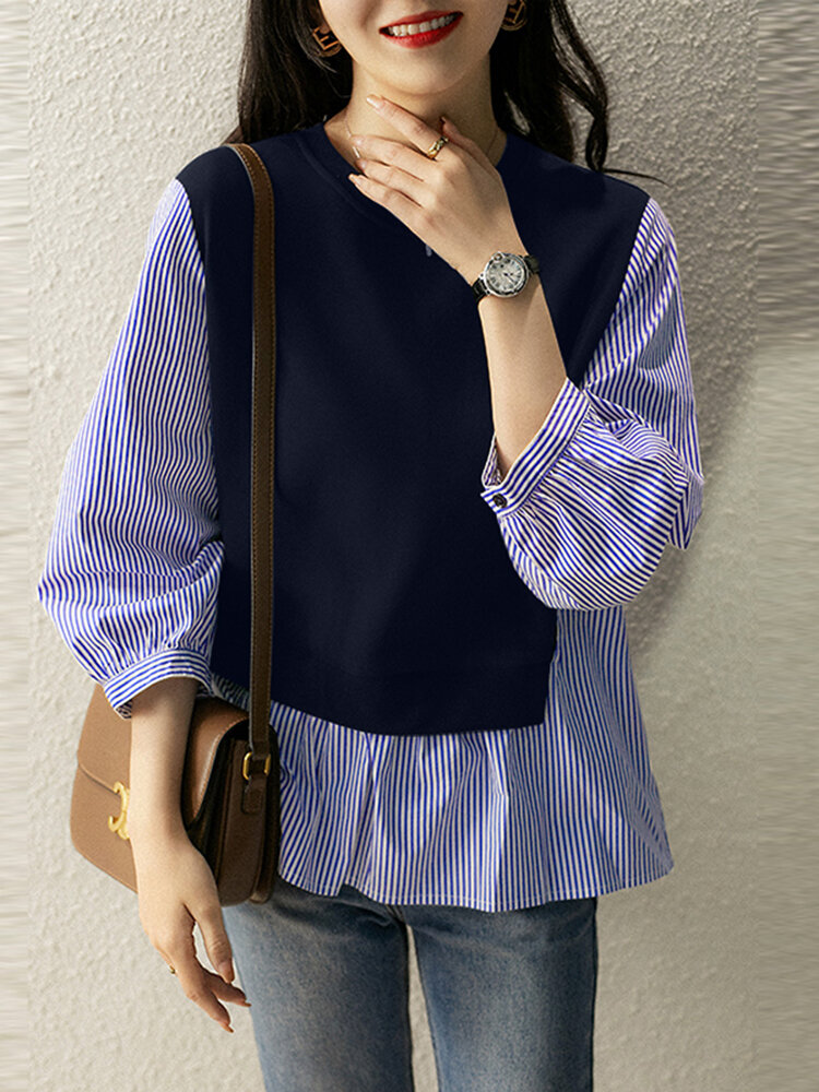 Stripe Patchwork Puff Sleeve Crew Neck Casual Blouse