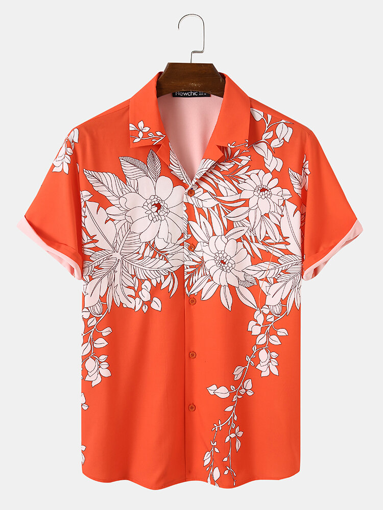Camisas masculinas monocromáticas Planta com estampa de flores e botões manga curta