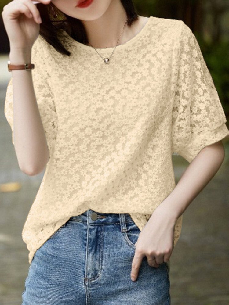 Floral Embroidery Puff Sleeve Crew Neck Casual Blouse