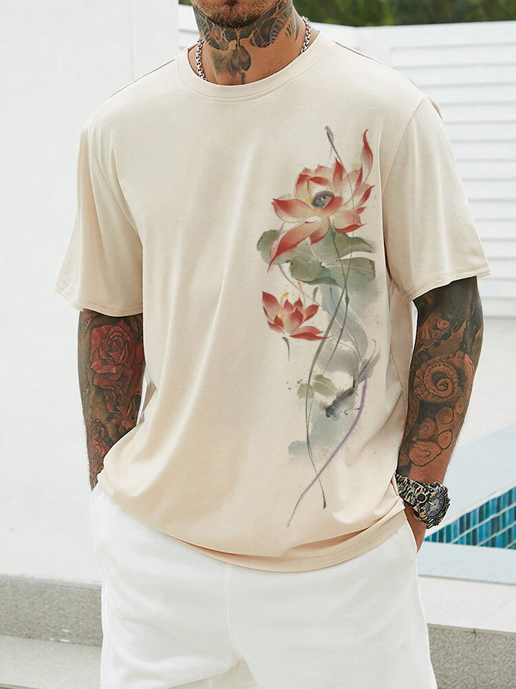 

Mens Chinese Style Lotus Print Crew Neck Short Sleeve T-Shirts Winter, Apricot
