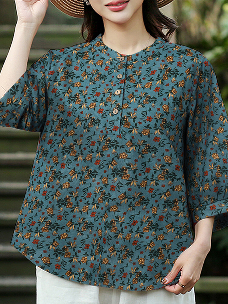 Women Ditsy Floral Print Stand Collar Half Button Cotton Blouse