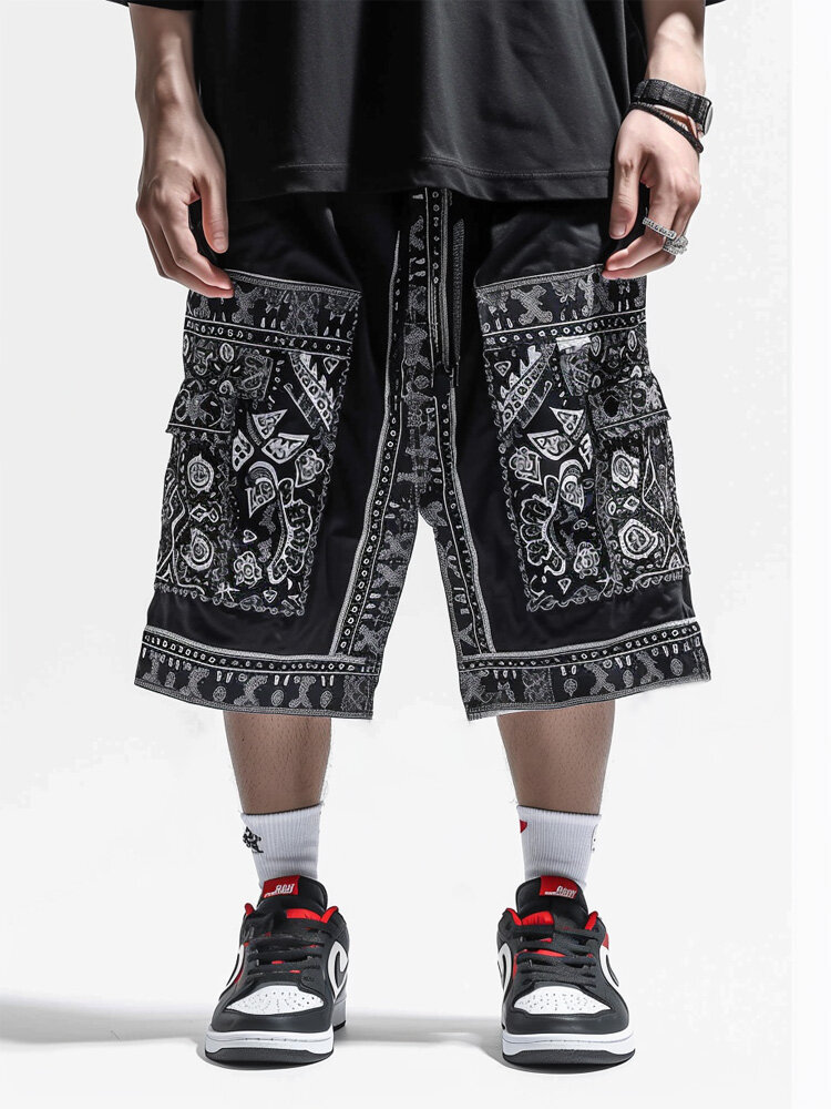 

Mens Monochrome Ethnic Scarf Print Drawstring Waist Shorts, Black