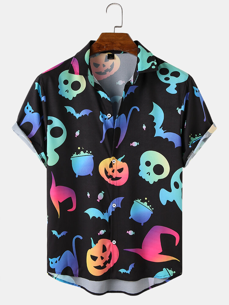 

Mens Funny Luminous Pumpkin Skull Print Halloween Relaxed Fit Short Sleeve Shirts, Black