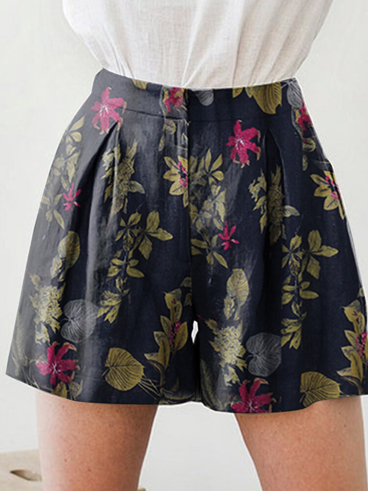 Shorts casuales fruncidos con bolsillo con estampado de plantas
