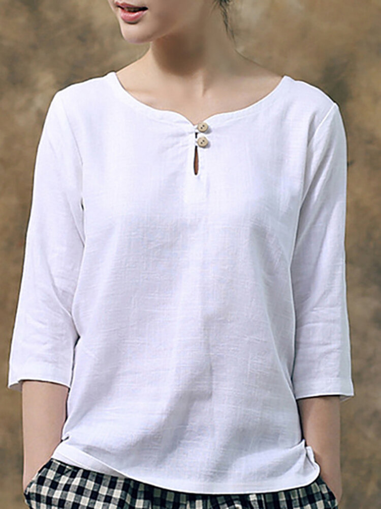 Women Plain Button Detail Cotton 3/4 Sleeve Blouse