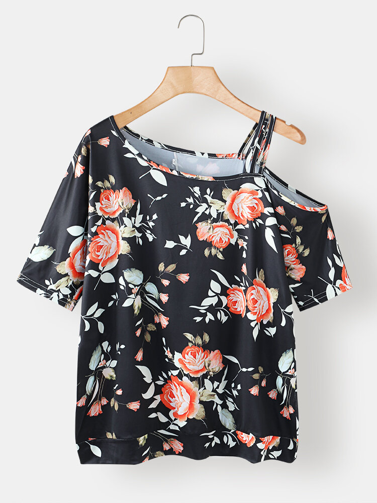 Calico Print Off Shoulder Short Sleeve Plus Size Casual T-shirt