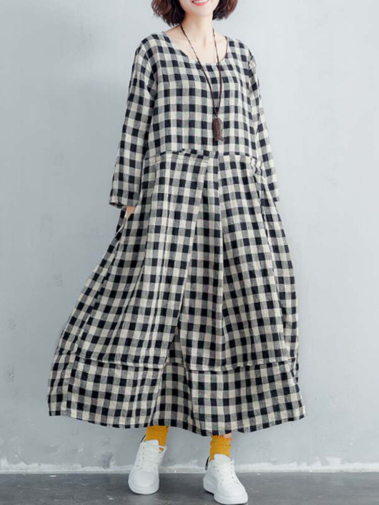 Vintage Plaid Crew Neck Loose Plus Size Maxi Dress with Pockets