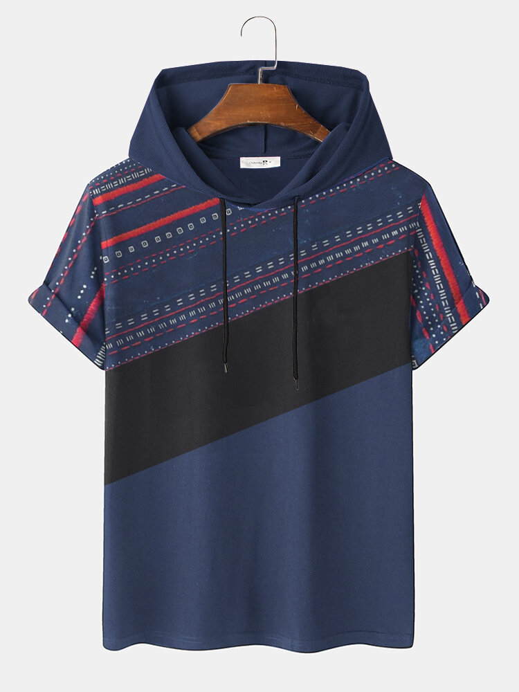 Mens Striped Print Color Block Short Sleeve Drawstring Hooded T-Shirts