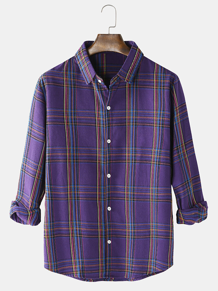 Mens Multi Color Tartan Button Up Loose Fit Casual Long Sleeve Shirts