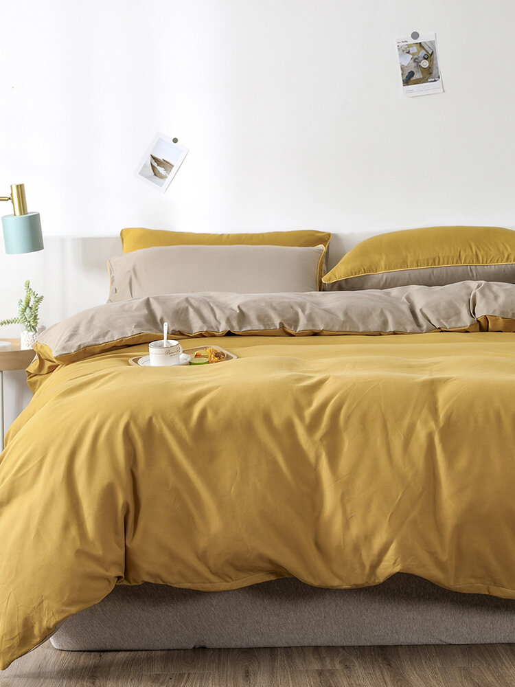 

2/3Pcs Yellow AB Sided Plain Color Comfy Bedding Duvet Cover Set Pillowcase Adults Bed Duvet Set Twin King