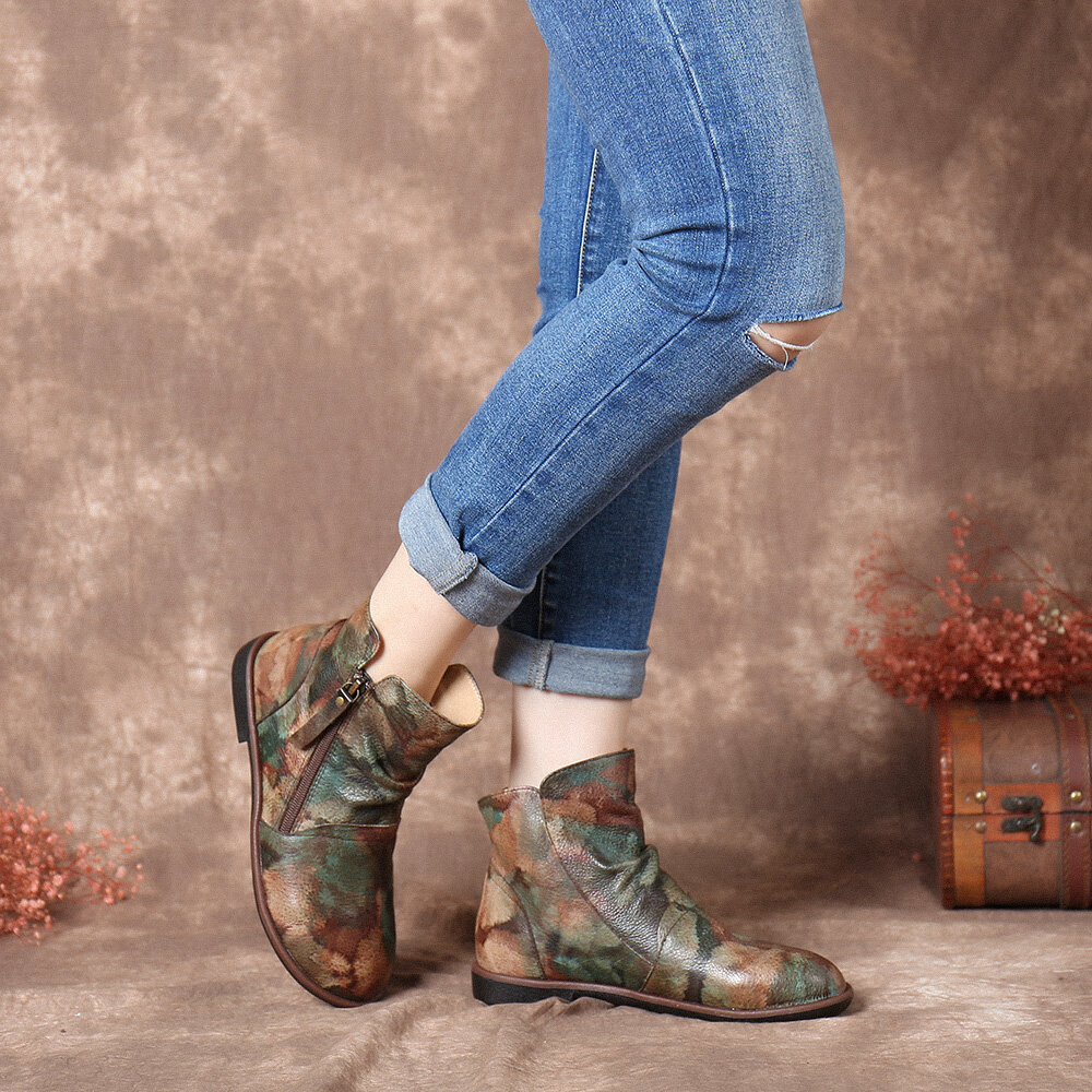 SOCOFY Retro Tie-dye Cowhide Leather Warm Wearable Side Zipper Casual Round Toe Flat Ankle Boots
