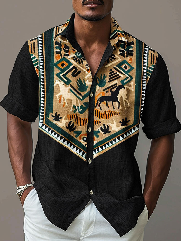 

Mens Geometric Ethnic Pattern Lapel Collar Short Sleeve Shirts, Black