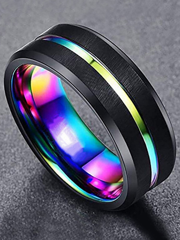 Trendy Simple Beveled Edge Slotted Colorful Geometric-shaped Stainless Steel Ring