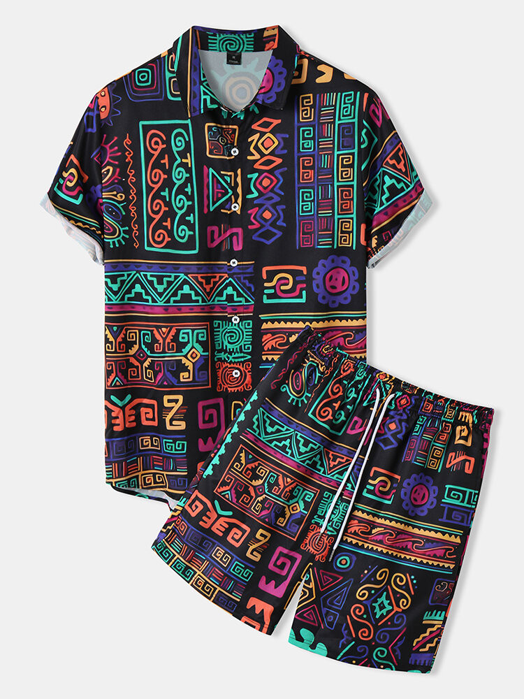 Mens Colorful Tribal Geometric Print Lapel Ethnic Two Pieces Outfits