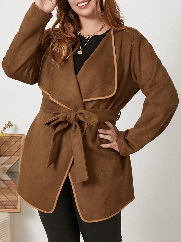 

Plus Size Solid Color Knotted Lapel Collar Comfy Trench Coat, Coffee