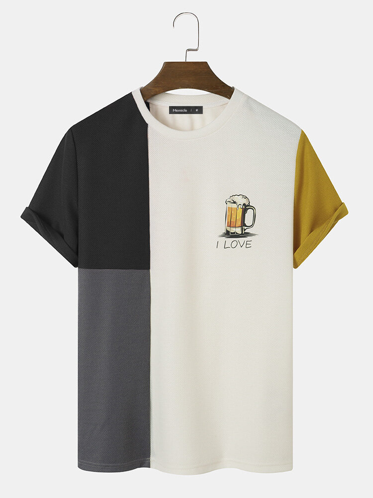 Mens Beer Print Color Block Patchwork Knit Short Sleeve T-Shirts