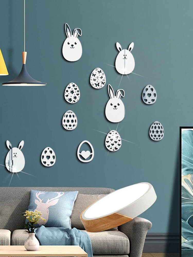 

9PCS Acrylic 3D Easter Bunny Egg Pattern Mirror Sticker Vivid Self-adhesive Festival Decor Home Room Wall Stickers, Silver;gold;black