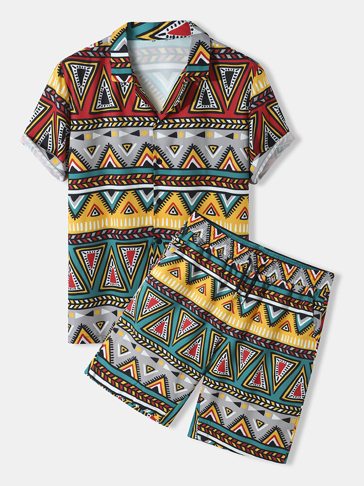 Mens Colorful Tribal Pattern Revere Collar Shirt & Drawstring Shorts Co-ords