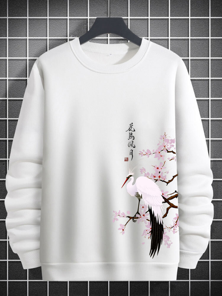 

Mens Chinese Floral Bird Print Crew Neck Pullover Sweatshirts Winter, White