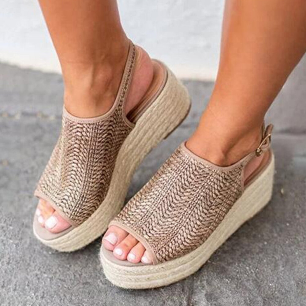 Women Comfy Flax Weaven Braided Buckle Peep Toe Platform Sandals