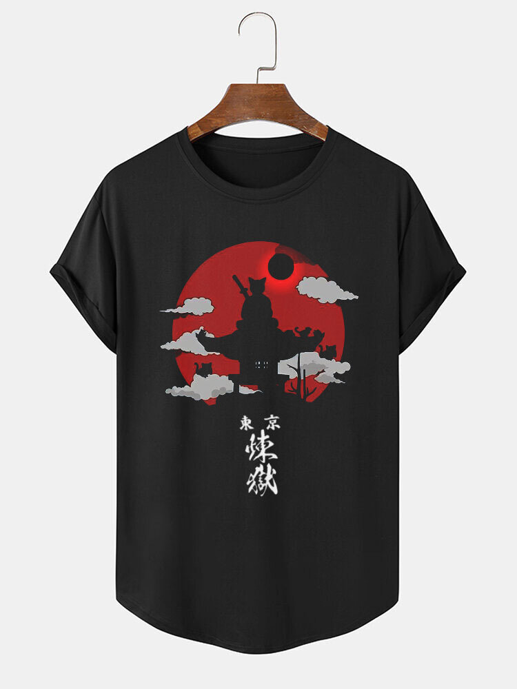 

Mens Japanese Warrior Cat Landscape Print Curved Hem Short Sleeve T-Shirts, Black