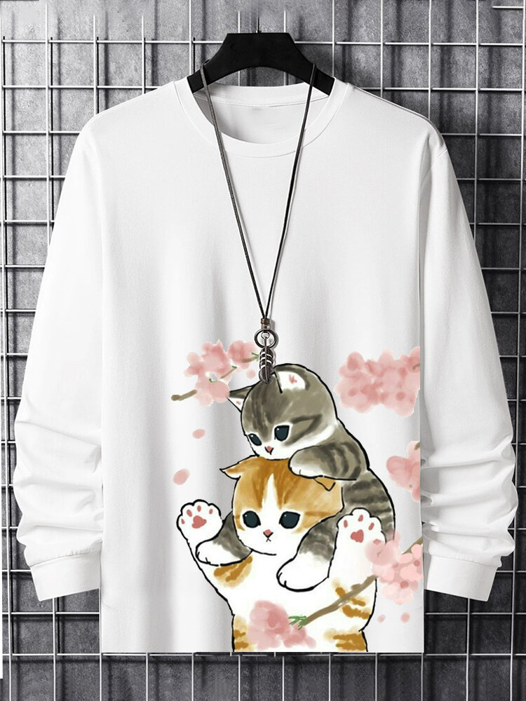 Maglietta da uomo con stampa floreale simpatico gatto Collo T-shirt a maniche lunghe invernali