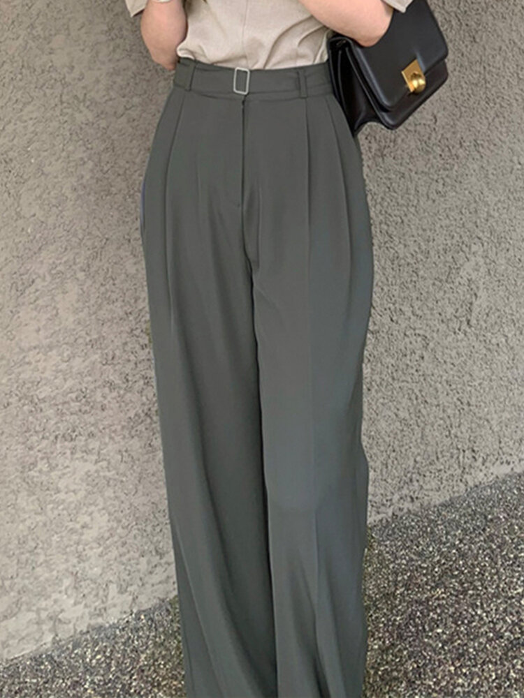 Solid Pleats Belted Side Pocket Floor Length Casual Pants