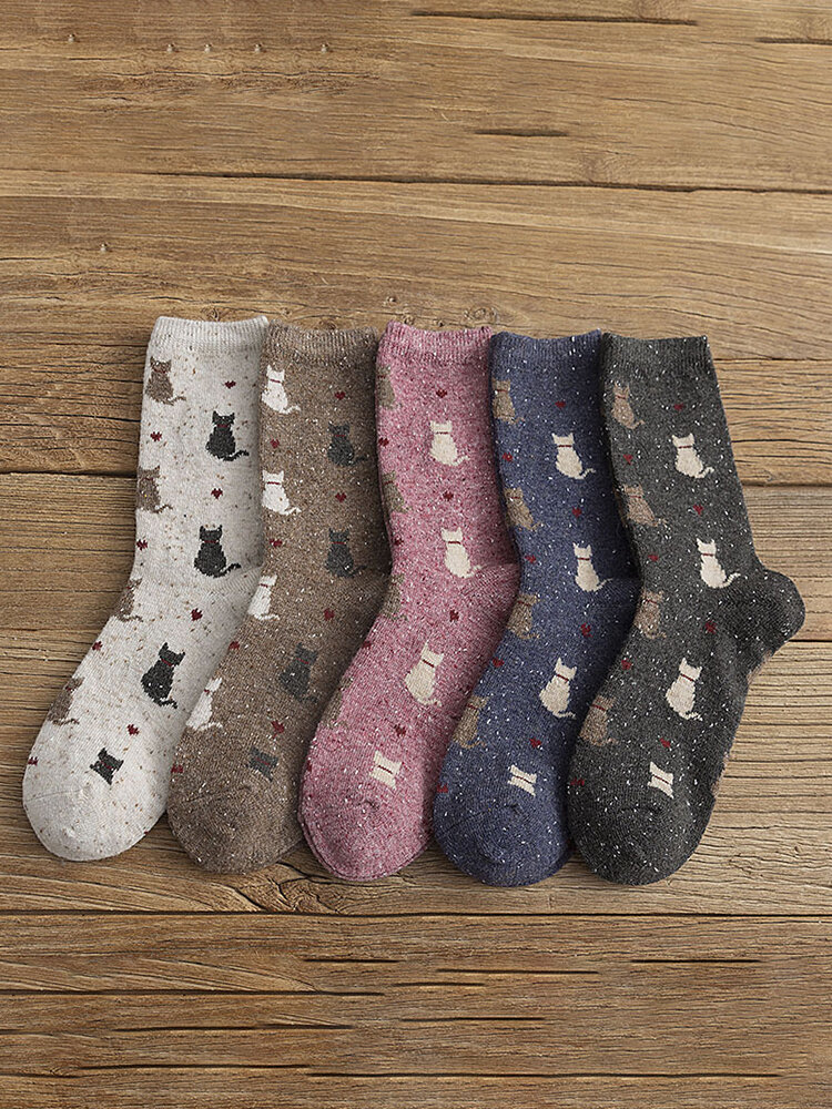 10PC Retro Warm Women's Socks Jacquard Fashion Cat Pattern 
