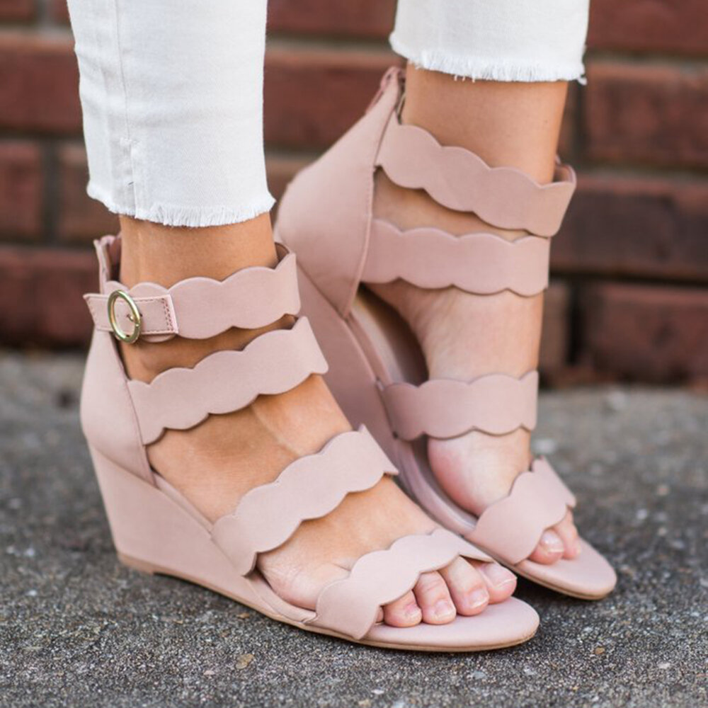 Plus Size Women Summer Solid Color Peep Toe Zipper Wedges Sandals