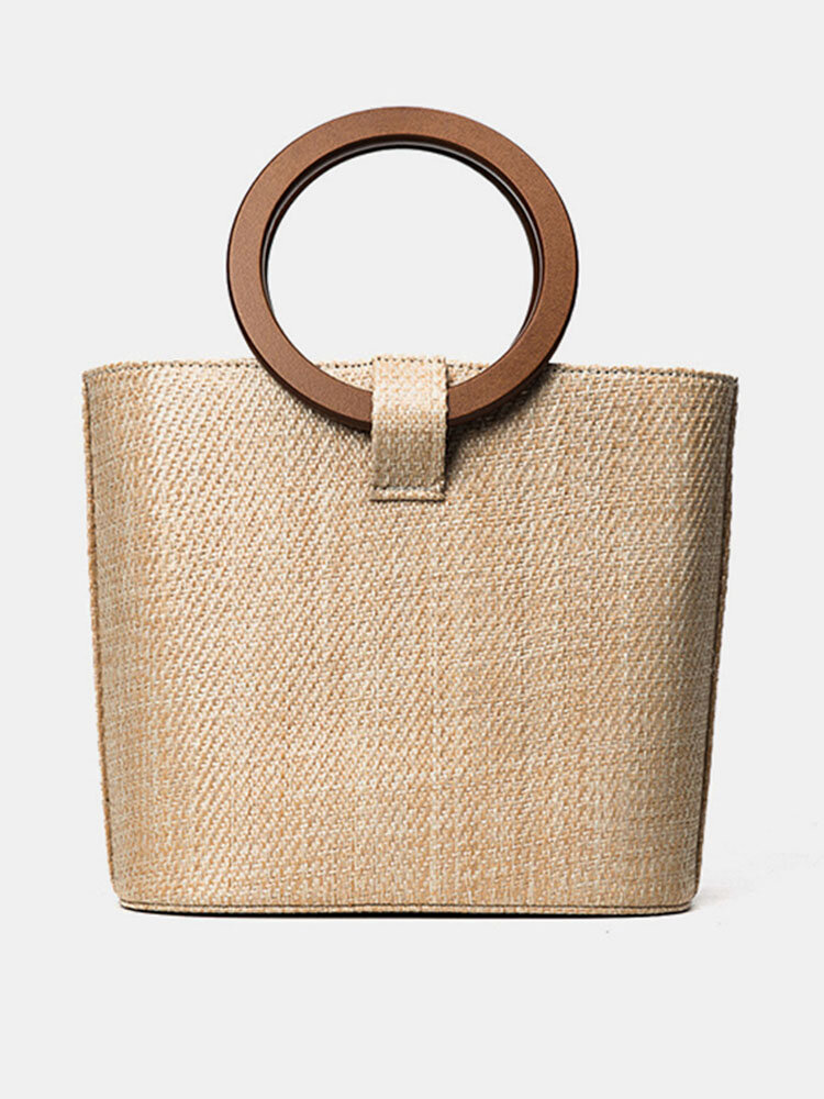 Women Straw Braid Beach Bag Woven Solid Wood Handbag High-end Crossbody Bag