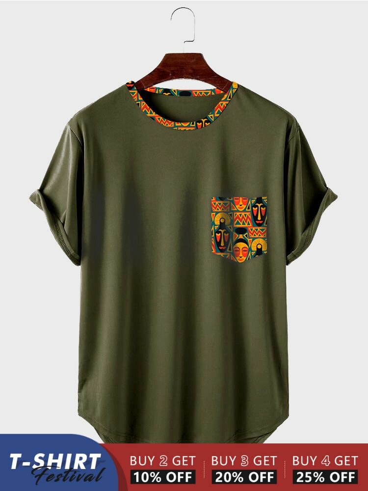 T-shirts à manches courtes avec ourlet incurvé et motif ethnique pour hommes