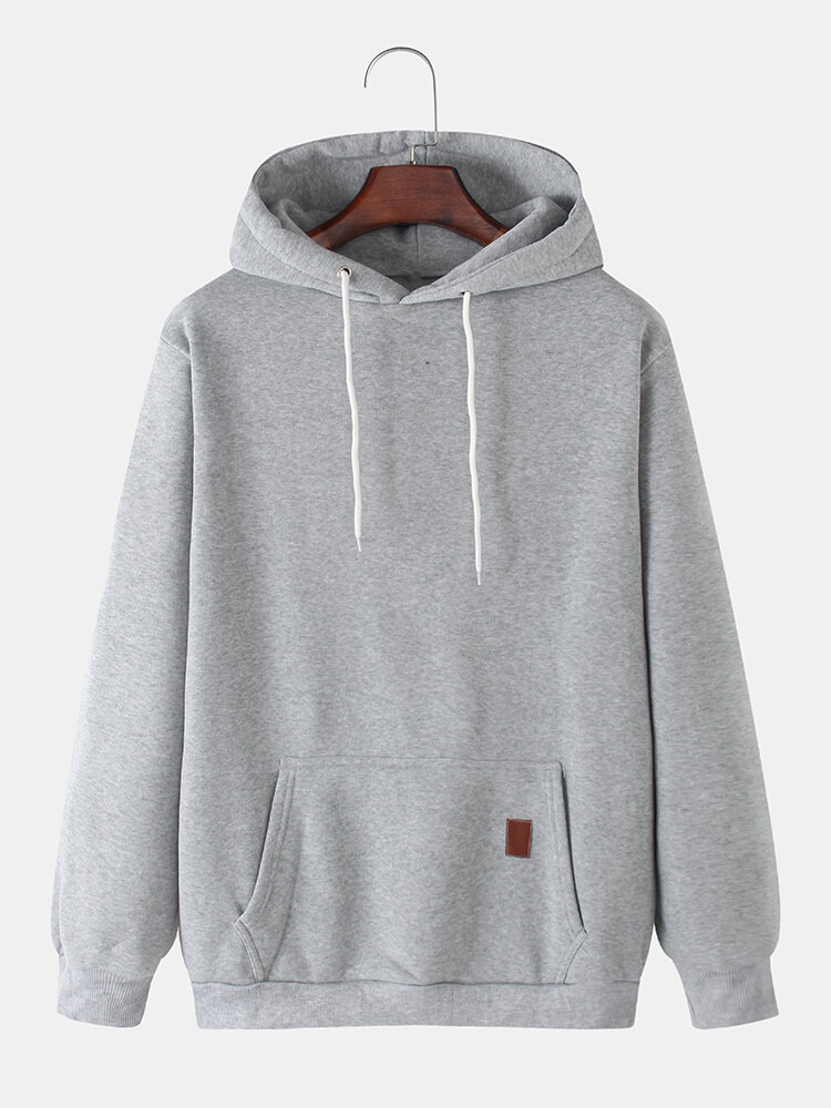 Mens Solid Color Plain Casual Drawstring Hoodies With Pouch Pocket