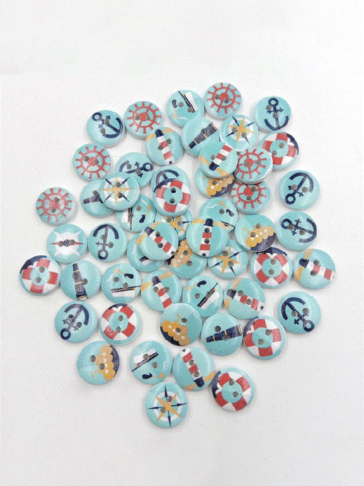 50Pcs 15mm Navy Style Blue Printing Wooden Buttons DIY Handcraft Materials