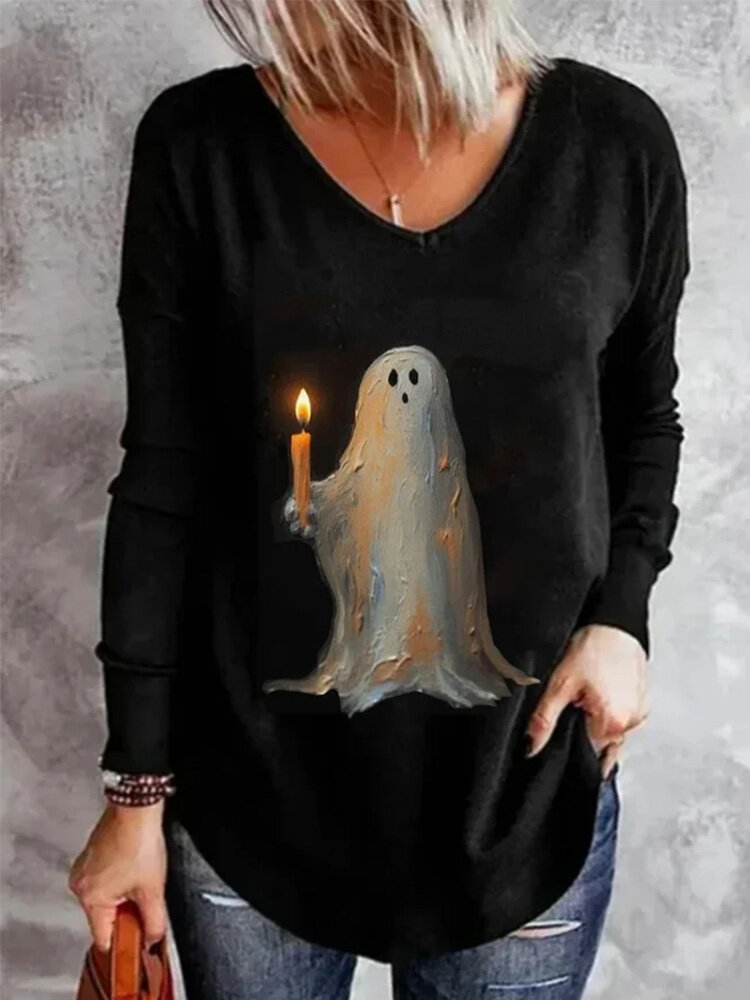 

Women Halloween Cartoon Ghost Print V-Neck Long Sleeve T-Shirt, Black