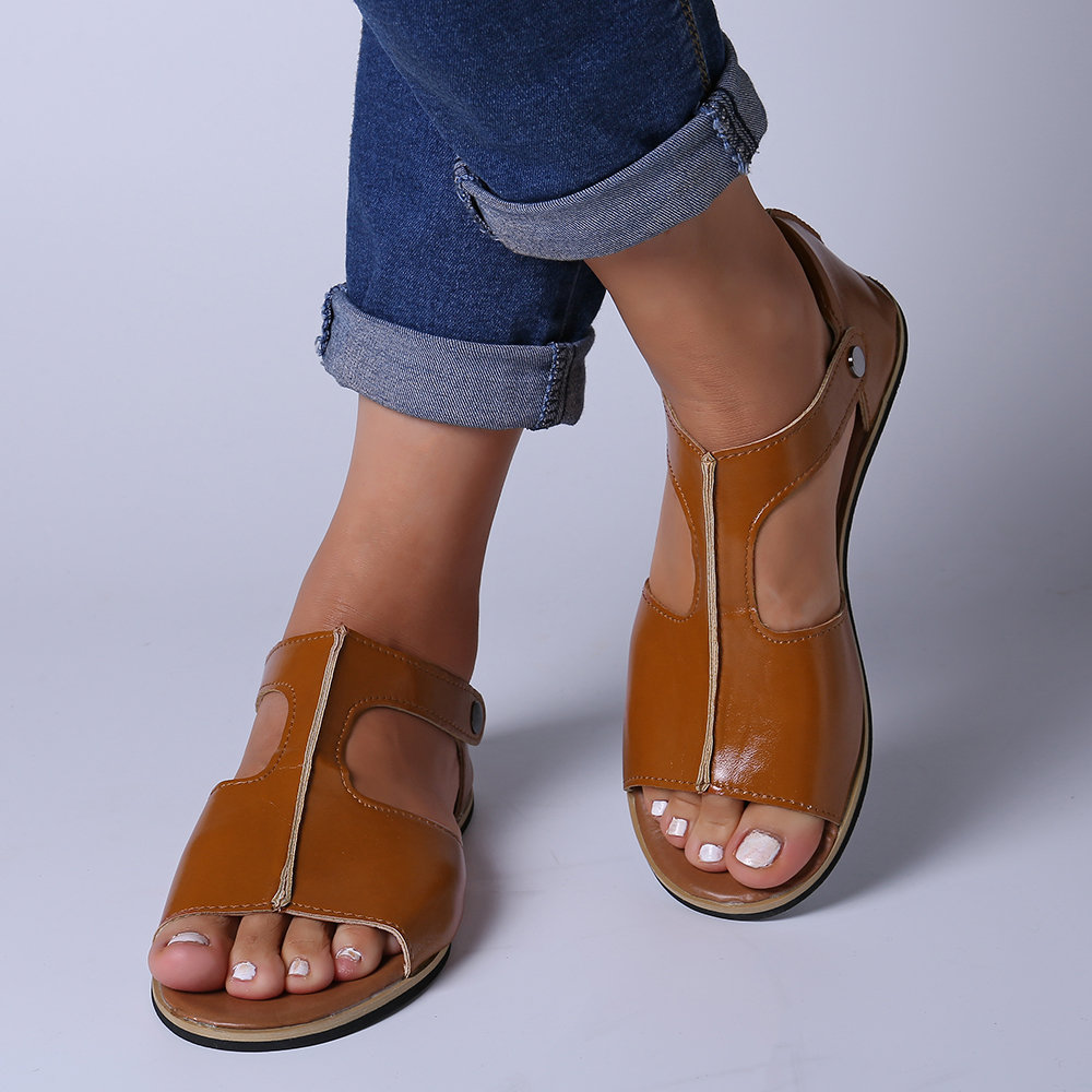 Big Size Women Retro Peep Toe Slip On Flat Sandals
