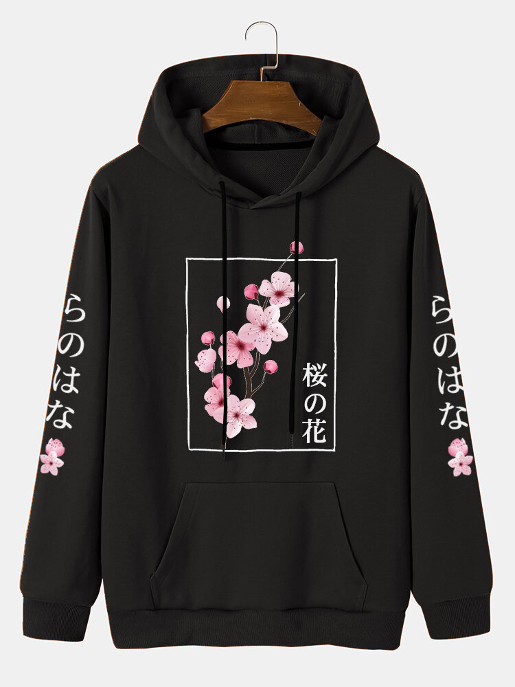 Mens Cherry Blossoms Japanese Printed Kangaroo Pocket Drawstring Hoodies